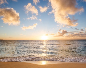 Beach Sunset, sea photography, ocean wall art, Hawaii photo print