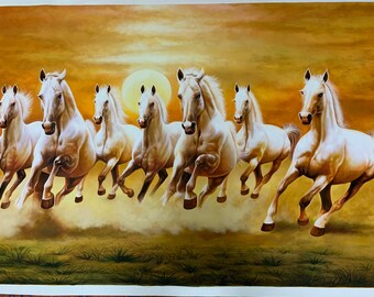 手作りの七頭の走る馬の絵画：ヴァーストゥ幸運アート - Etsy 日本