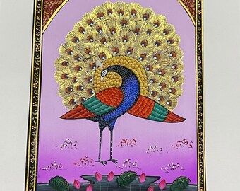 peacock miniature paintings on silk cloth in size 6 by 8 inches