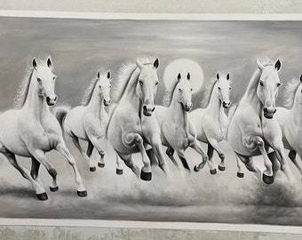 Sieben Pferde rauchen grau in richtige Richtung laufende Vastu auf Leinwand bedeutet Kraft,Erfolg und Wachstum 60 x 30 inches