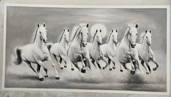 七頭の馬の絵画：スモークグレー、ハンドメイドキャンバスアート