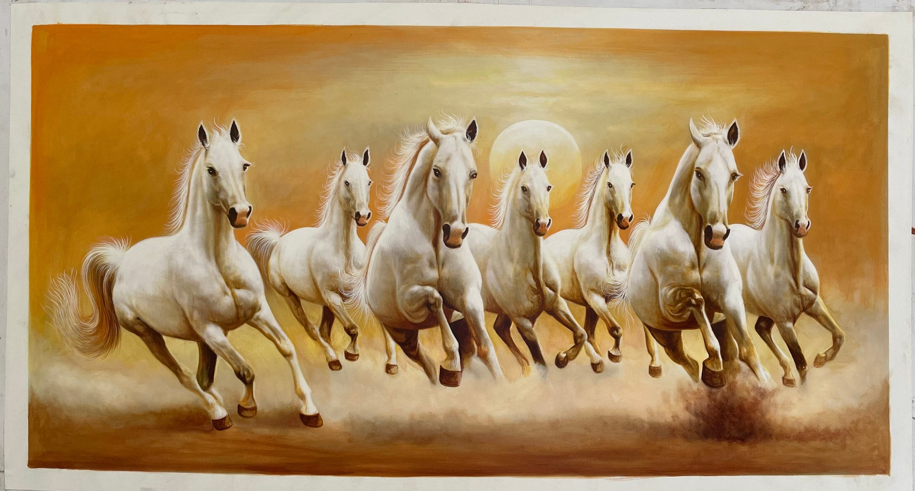 七頭の白い馬の絵画：手作りのヴァーストゥキャンバスアート（48x24