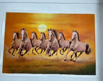 Sieben laufende Pferde in linker Richtung 100% Original handgefertigte Vastu Malerei auf Leinwand bedeutet Kraft, Erfolg und Wachstum 36 &quot;x 24&quot; Zoll