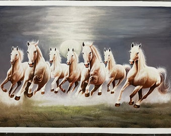 Sieben laufende Pferde einzigartiges seltenes handgemaltes Gemälde auf Leinwand in verschiedenen Farbtönen mit bewölktem Morgen in Größe 96x61 cm