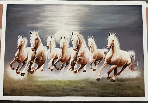 7頭の走る馬の絵画：キャンバスに描かれた手作りアクリルアート（36x24