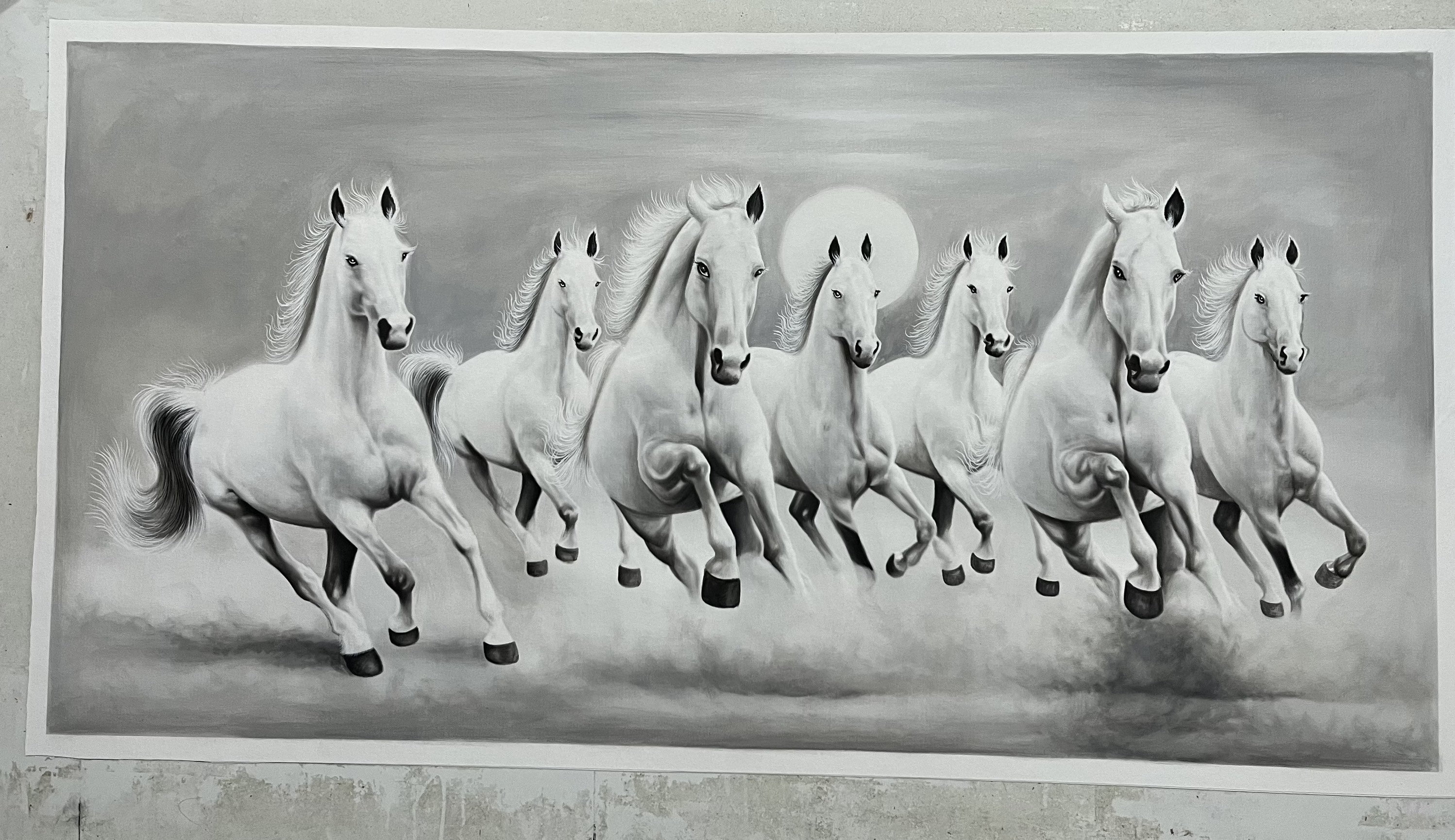 七頭の馬の絵画：スモークグレー、ハンドメイドキャンバスアート