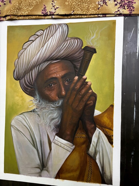 Dipinto originale su tela di un uomo anziano tradizionale del