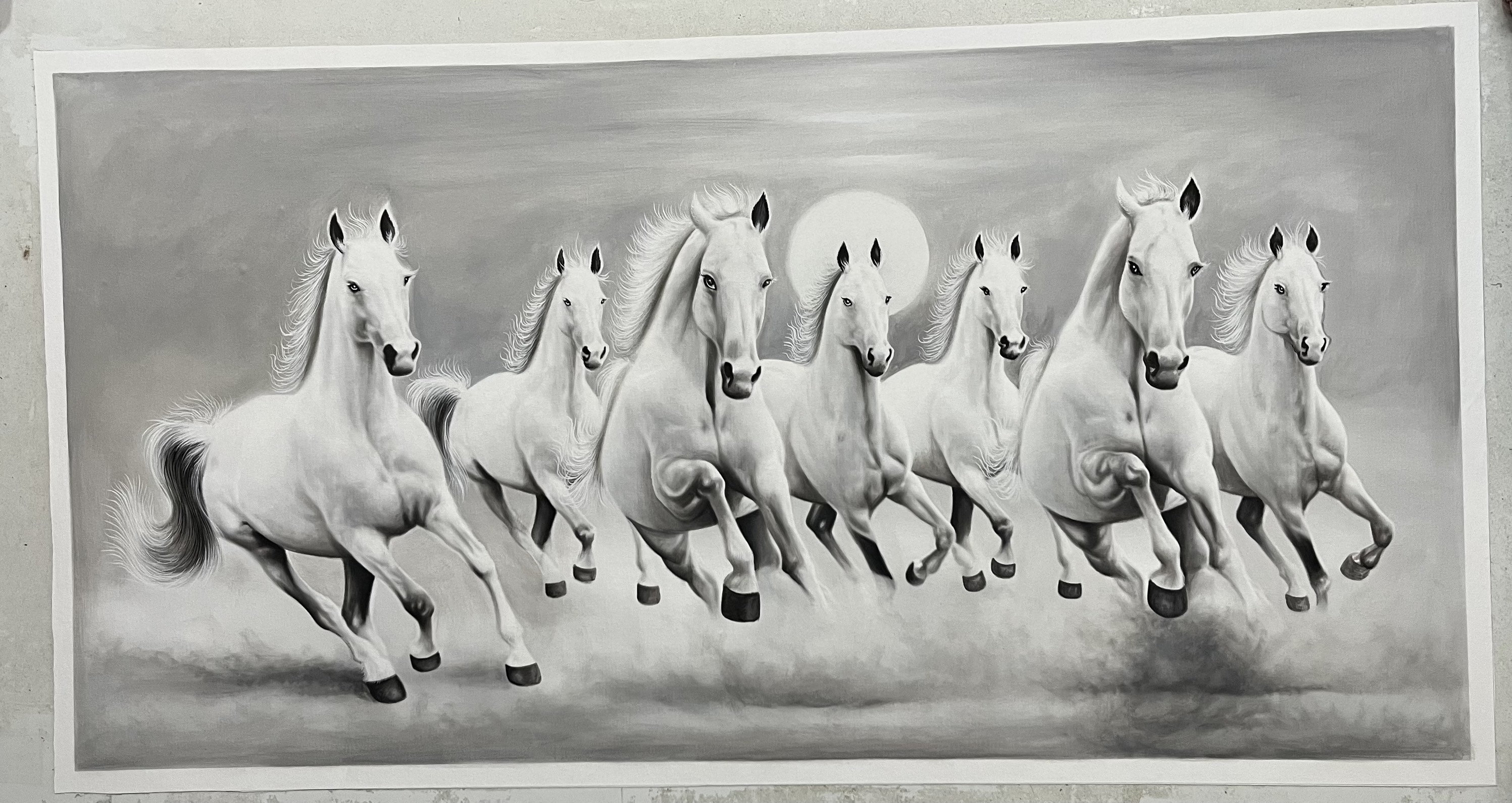 七頭の馬の絵画：スモークグレー、ハンドメイドキャンバスアート