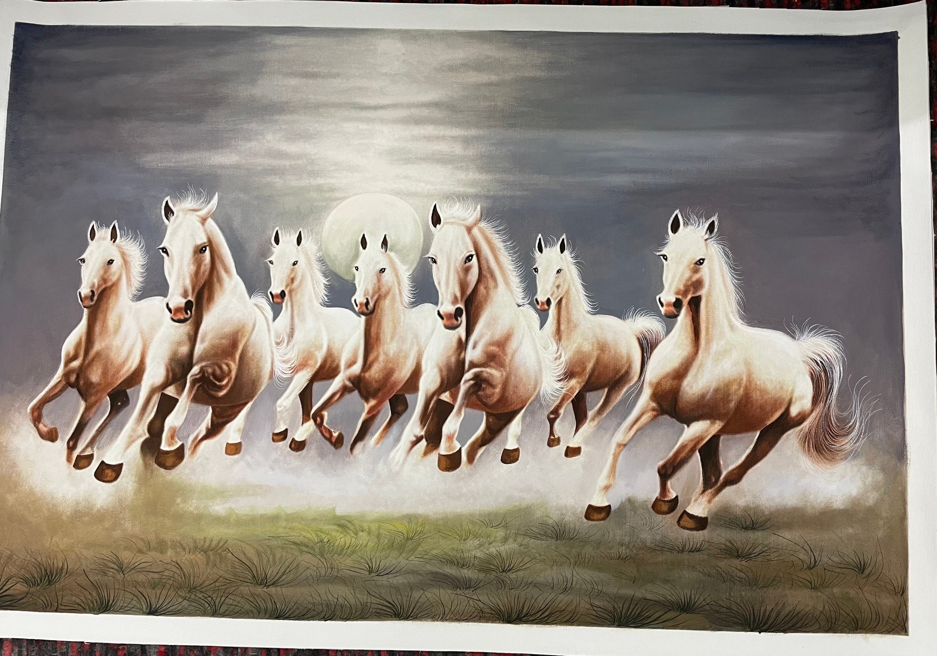 7頭の走る馬の絵画：キャンバスに描かれた手作りアクリルアート（36x24
