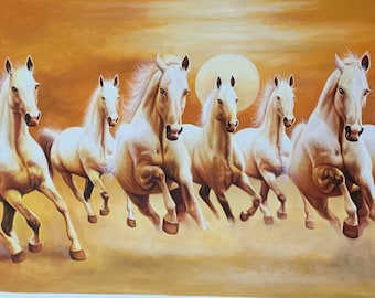 Sieben laufende Pferde in richtige Richtung 100% original handgemachte Vastu Malerei auf Leinwand bedeutet Kraft, Erfolg und Wachstum 61 x 122 cm