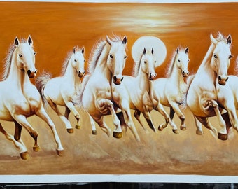 七頭の走る馬の絵画：手作りキャンバスウォールアート（24x48インチ