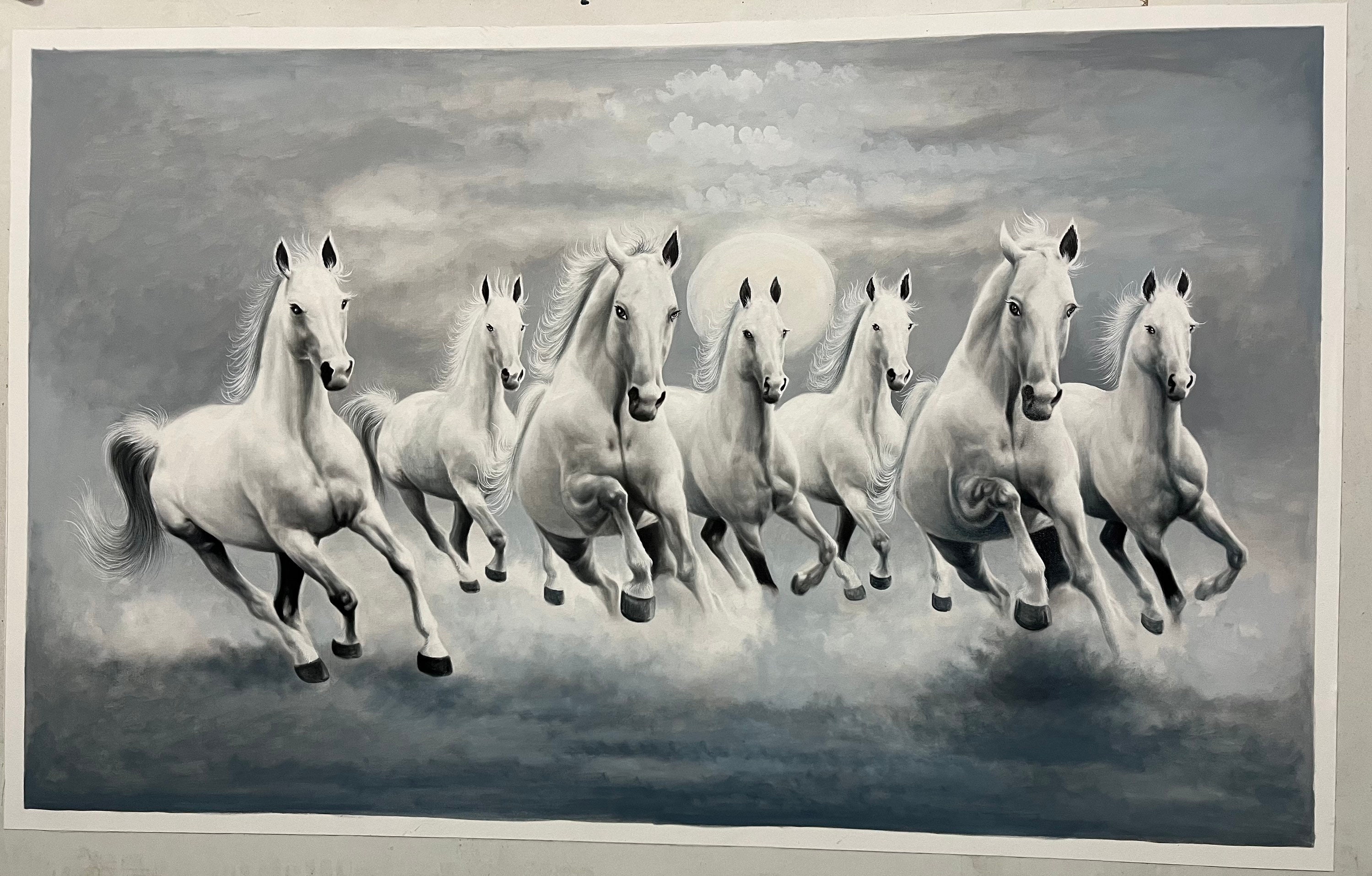 七頭の馬の絵画：スモークグレー、ハンドメイドキャンバスアート