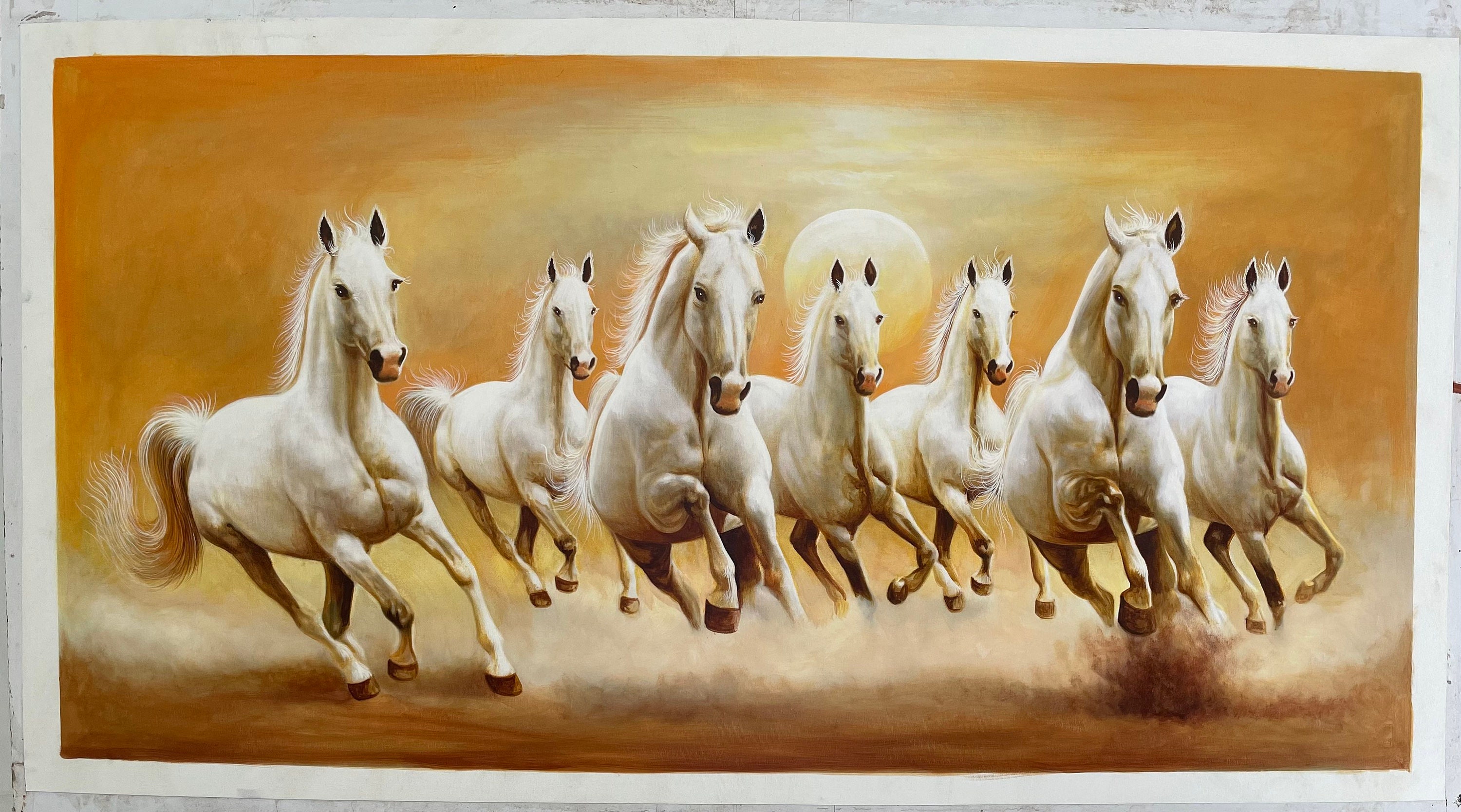 七頭の白い馬の絵画：手作りのヴァーストゥキャンバスアート（48x24