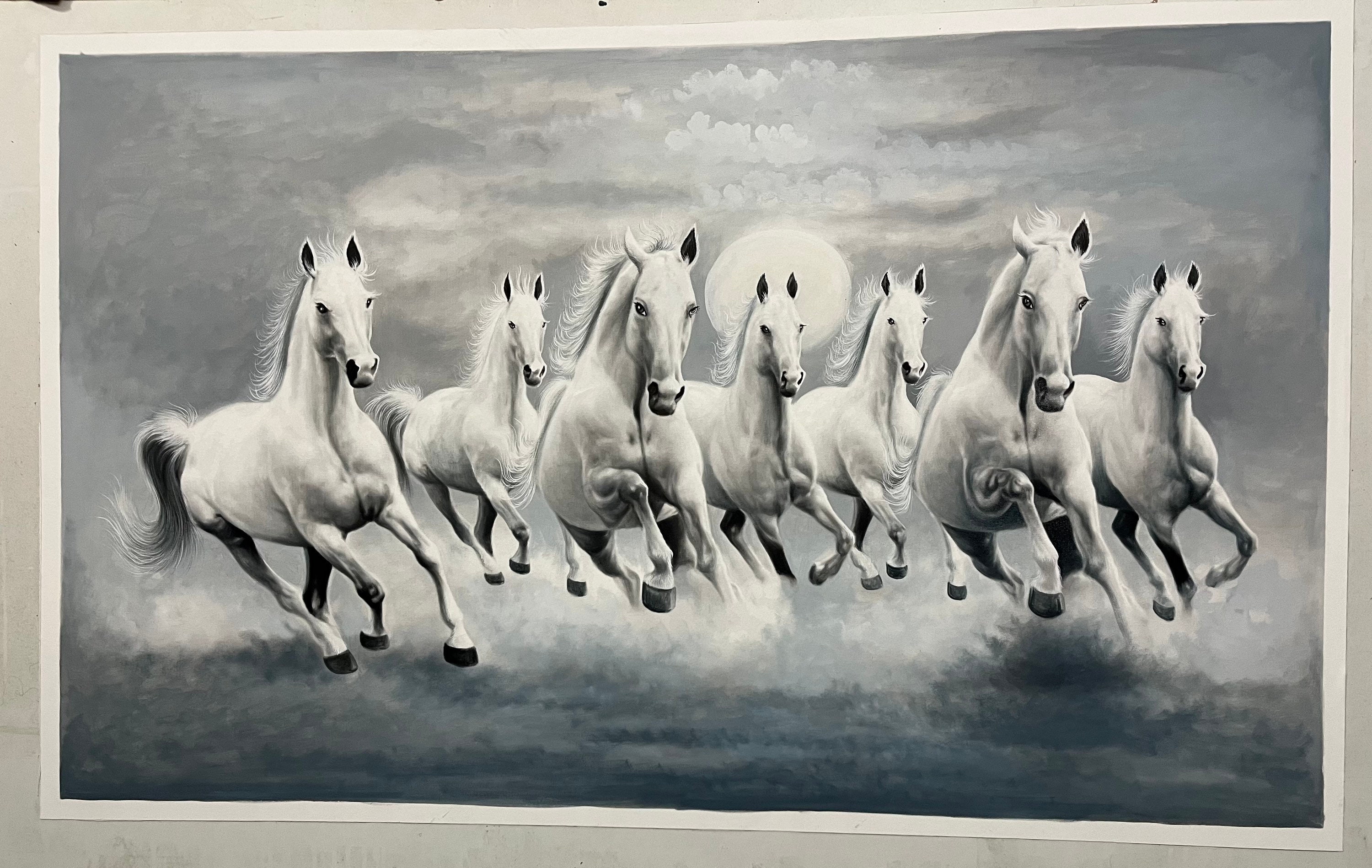 七頭の馬の絵画：スモークグレー、ハンドメイドキャンバスアート