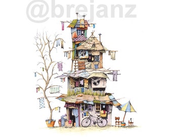 Laundry day. Print of a colourful drawing of a fantasy shanty on laundry day.