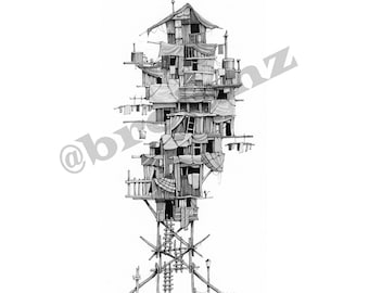 Shanty tower. A4 print of a toned drawing of a fantasy shanty tower