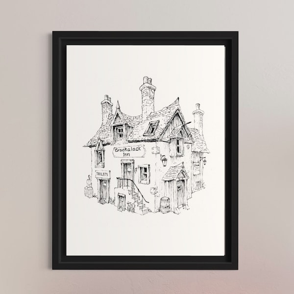 Printable digital download of the fictional Crackalack Inn. Pen and ink drawing