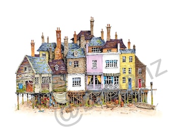 Seatown - A4 art print of an imaginary old coastal town.