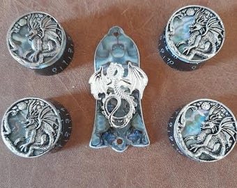 Guitar Custom Ltd Editions  Knobs & Truss Covers Custom .... Faux Abalone Shell with Silver Dragons Dragons