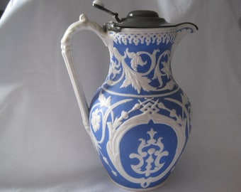 C. 1860 @ Victorian Stoneware (Antique & Collectable.) Salt Glazed Pitcher with Thumb Hinge Pewter Lid. C.1860&#39;s ..18 cms High