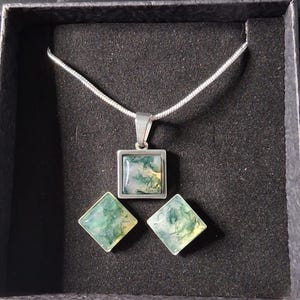 Ciondolo e orecchini in agata muschiata con catena a corda in argento 925 da 22 pollici e 2 mm.