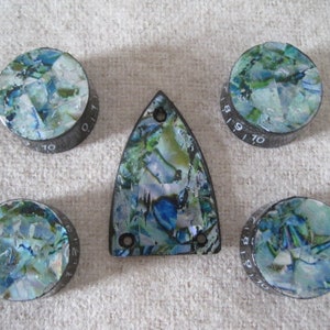 Könnte beinhalten: Satz von vier blauen und grünen Abalone-Schalengitarrenknöpfen mit schwarzem Besatz und weißen Zahlen sowie einem passenden Abalone-Schalenschutz.