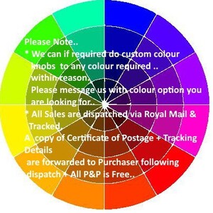 May include: A colour wheel with a white centre and a black outline. The wheel is divided into 12 sections, each a different colour. The colours are red, orange, yellow, green, blue, indigo, violet, pink, purple, brown, grey, and black. The text on the wheel says "Please Note... * We can if required do custom colour knobs to any colour required... within reason... Please message us with colour option you are looking for... *All Sales are dispatched via Royal Mail & Tracked A copy of Certificate of Postage + Tracking Details are forwarded to Purchaser following dispatch All P&P is Free..."