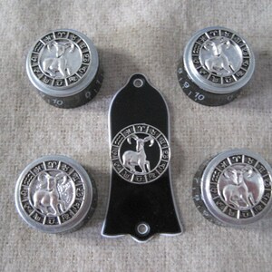 Op de afbeelding: Vijf zilverkleurige knoppen met zwarte cijfers en een zwart dierenriemsymbool op elk. De knoppen zijn in een halve cirkel gerangschikt met een zwart gitaar-pickguard in het midden. Het pickguard heeft een zilverkleurig dierenriemsymbool in het midden.