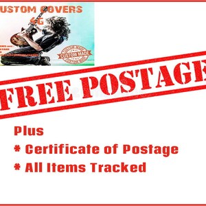 May include: A red stamp with the text "FREE POSTAGE" in white letters. Below the stamp, the text "Plus" is written in black. Below that, two bullet points list "Certificate of Postage" and "All Items Tracked" in black.