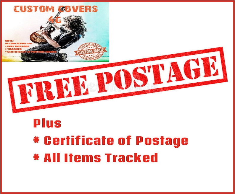 May include: A red stamp with the text "FREE POSTAGE" in white letters. Below the stamp, the text "Plus" is written in black. Below that, two bullet points list "Certificate of Postage" and "All Items Tracked" in black.