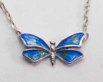Vintage Art Nouveau in Art Deco .. Vintage 925 Sterling Silver Blue Enamelled Butterfly Necklace