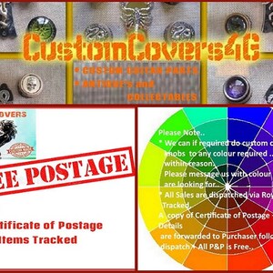 Puede incluir: Un collage de im&aacute;genes que muestran piezas de guitarra personalizadas, perillas y otros objetos de colecci&oacute;n. La imagen incluye una rueda de colores con varios colores, un guitarrista y una variedad de perillas de guitarra. El texto "CustomLoversat" se muestra en letras naranjas. El texto "FREE POSTAGE" se muestra en letras rojas. El texto "Plus * Certificate of Postage * All Items Tracked" se muestra en letras negras.
