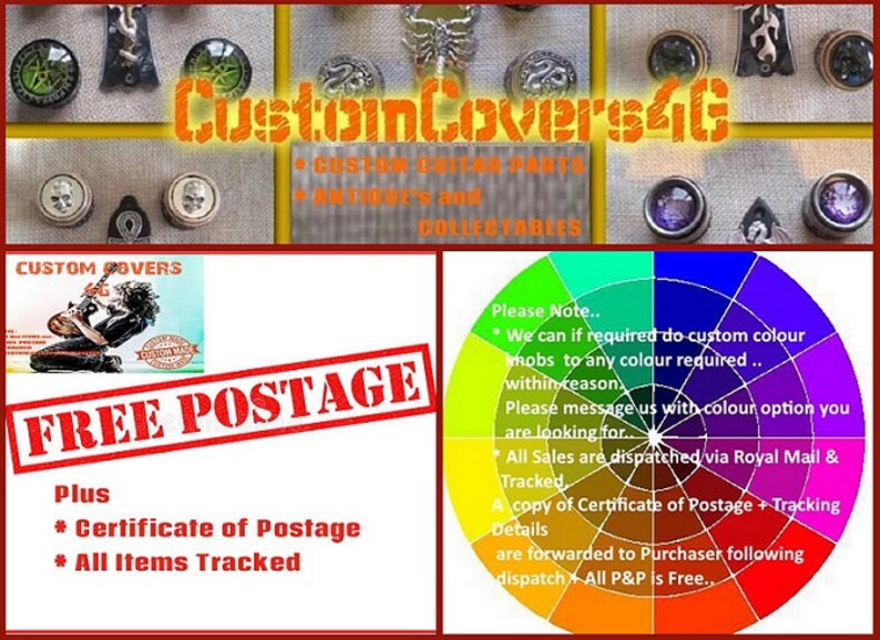 Puede incluir: Un collage de im&aacute;genes que muestran piezas de guitarra personalizadas, perillas y otros objetos de colecci&oacute;n. La imagen incluye una rueda de colores con varios colores, un guitarrista y una variedad de perillas de guitarra. El texto "CustomLoversat" se muestra en letras naranjas. El texto "FREE POSTAGE" se muestra en letras rojas. El texto "Plus * Certificate of Postage * All Items Tracked" se muestra en letras negras.