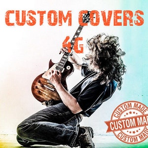 May include: A musician playing a brown and black electric guitar with a custom made cover. The guitar has a white pickguard and a black strap. The musician is wearing a black shirt and blue jeans. The image has a grunge effect and the text "CUSTOM COVERS" is at the top of the image. The text "CUSTOM MADE" is in a red circle with a white background.