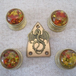 Puede incluir: Conjunto de cinco botones de guitarra con inserciones de vidrio ámbar. Los botones son de metal dorado y tienen un diseño de dragón en el botón central.