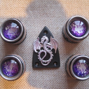 May include: Four silver and purple knobs with a silver dragon on a black guitar pickguard.