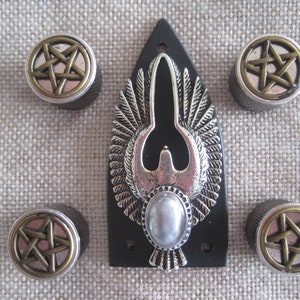 Könnte beinhalten: Ein Satz von vier schwarzen und silbernen Gitarrenknöpfen mit einem Pentagramm-Design. Die Knöpfe sind von einem schwarzen und silbernen Gitarren-Pickguard mit Flügeldesign umgeben.