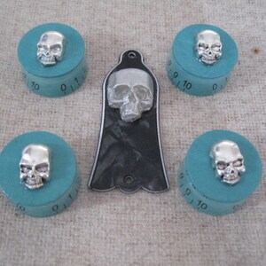 Puede incluir: Cuatro pomos turquesa con detalles de calavera plateada y una placa de protecci&oacute;n de guitarra negra con un dise&ntilde;o de calavera plateada.