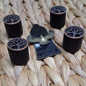 May include: Four cylindrical black metal knobs with a textured diamond pattern and a copper-toned top featuring a tree design, accompanied by a black guitar neck plate with a metallic eagle emblem attached to the centre of the plate.