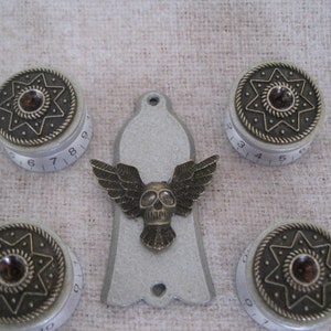 May include: Five silver knobs with black and brown accents and a starburst design. The knobs have numbers 1-8 and 1-5 printed on them. A silver guitar pickguard with a sculpted owl design is in the centre.