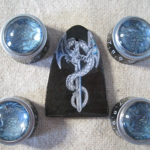 Könnte beinhalten: Fünf silberne Gitarrenknöpfe mit einem blauen und weißen Drachenmuster. Die Knöpfe haben schwarze Zahlen am Rand. Der mittlere Knopf hat eine schwarze Schlagplatte mit einem silbernen Drachenmuster.