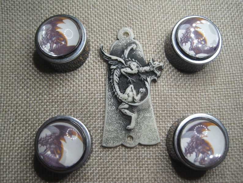 Custom Ltd Edition. Control Knobs & Truss Covers Custom - White Aged Dragon Set. Custom Ltd Ed. image 1