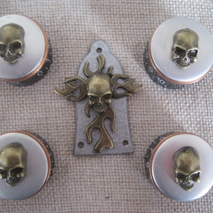 Könnte beinhalten: Fünf silberne und kupferne Knöpfe mit Totenkopf-Designs. Die Knöpfe sind für eine Gitarre oder ein anderes Musikinstrument. Eine Metallplatte mit einem Totenkopf- und Flammen-Design befindet sich in der Mitte.