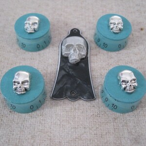 Puede incluir: Cinco pomos turquesa con detalles de calavera plateada y una placa de protecci&oacute;n de guitarra negra con una calavera plateada. Los pomos tienen los n&uacute;meros del 0 al 10 impresos.