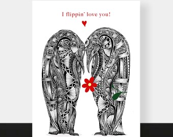 Carte pingouin, carte d'anniversaire, carte de Saint-Valentin, carte d'amour, carte écologique, carte d'animal, carte de faune dessinée à la main