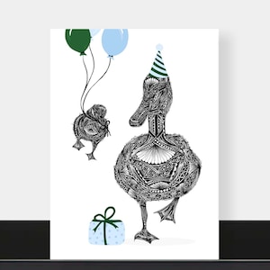 アヒルの誕生日カード、アヒルのお祝いカード、動物の誕生日カード、環境に優しいカード、手描きの野生動物カード
