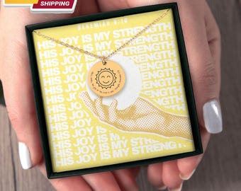 Smile, The Joy of the Lord Is Your Strength Coin Necklace | Christian Jewelry with Nehemiah 8:10 | A Reminder of Daily Joy