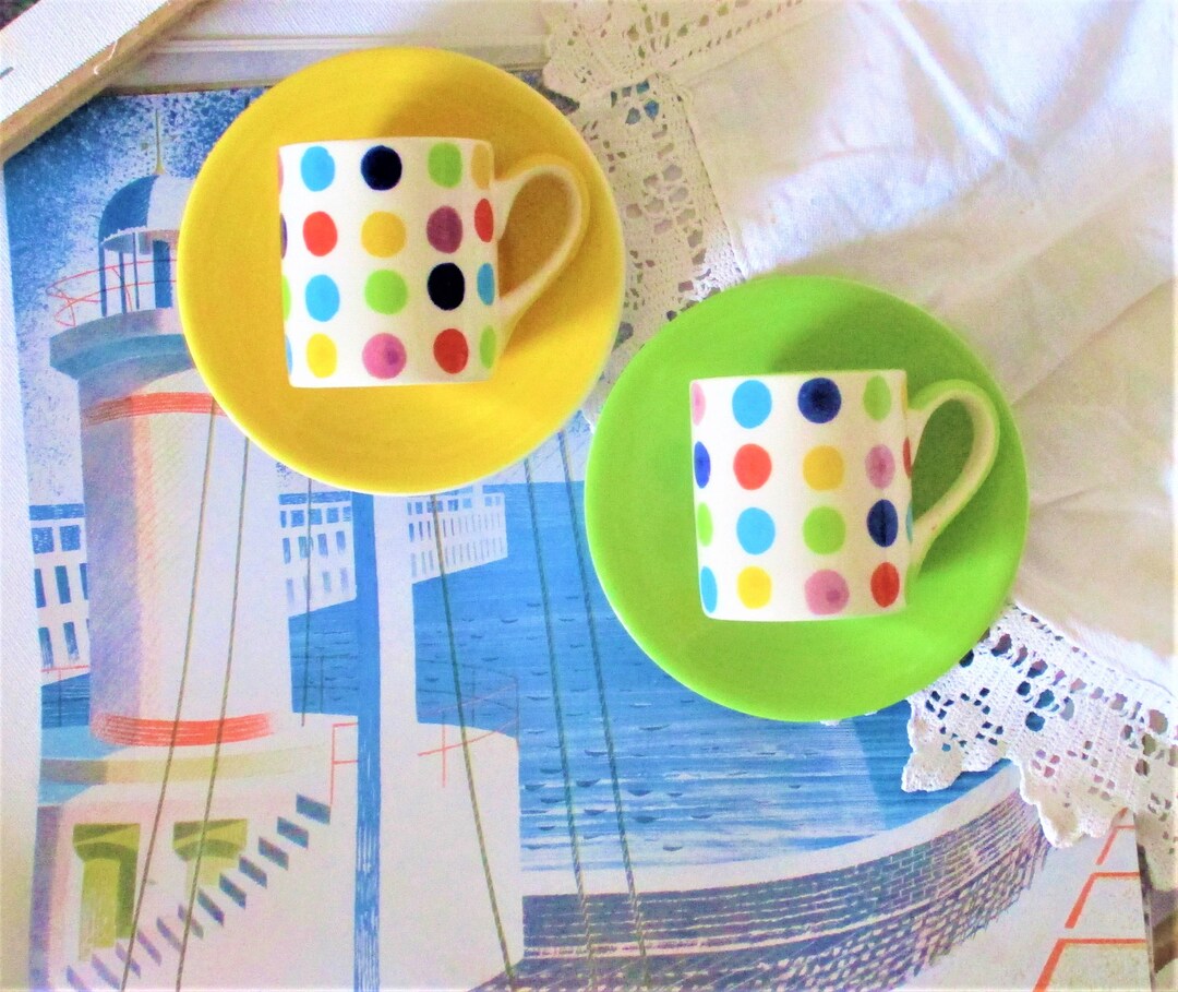 Coffee Cup and Saucer Pair Green Yellow With Dots Harlequin Etsy