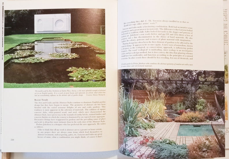 May include: Two pages from a book about garden design. The left page shows a black and white photo of a modern garden with a pond and a white sculpture. The right page shows a color photo of a modern garden with a wooden deck, a swimming pool, and a pergola.