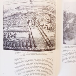 May include: A black and white engraving of a large estate with a formal garden design. The garden features a central house with symmetrical walkways and trees. The engraving is titled "Dumbleton the Seat of Sir Richard Cocks Bart."